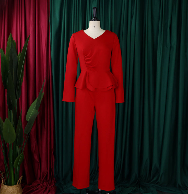 Red Ruched Layered 2 Piece Pant Set