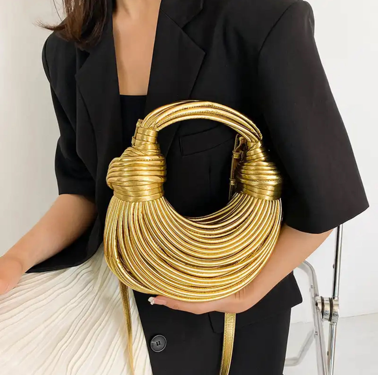 Gold Crossbody Noodle Roped Knotted Pulled Hobo Crescent Shaped Evening Clutch