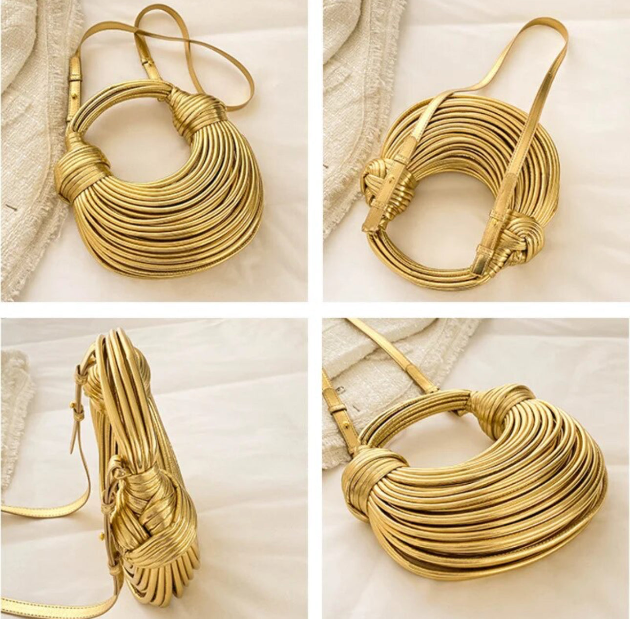 Gold Crossbody Noodle Roped Knotted Pulled Hobo Crescent Shaped Evening Clutch