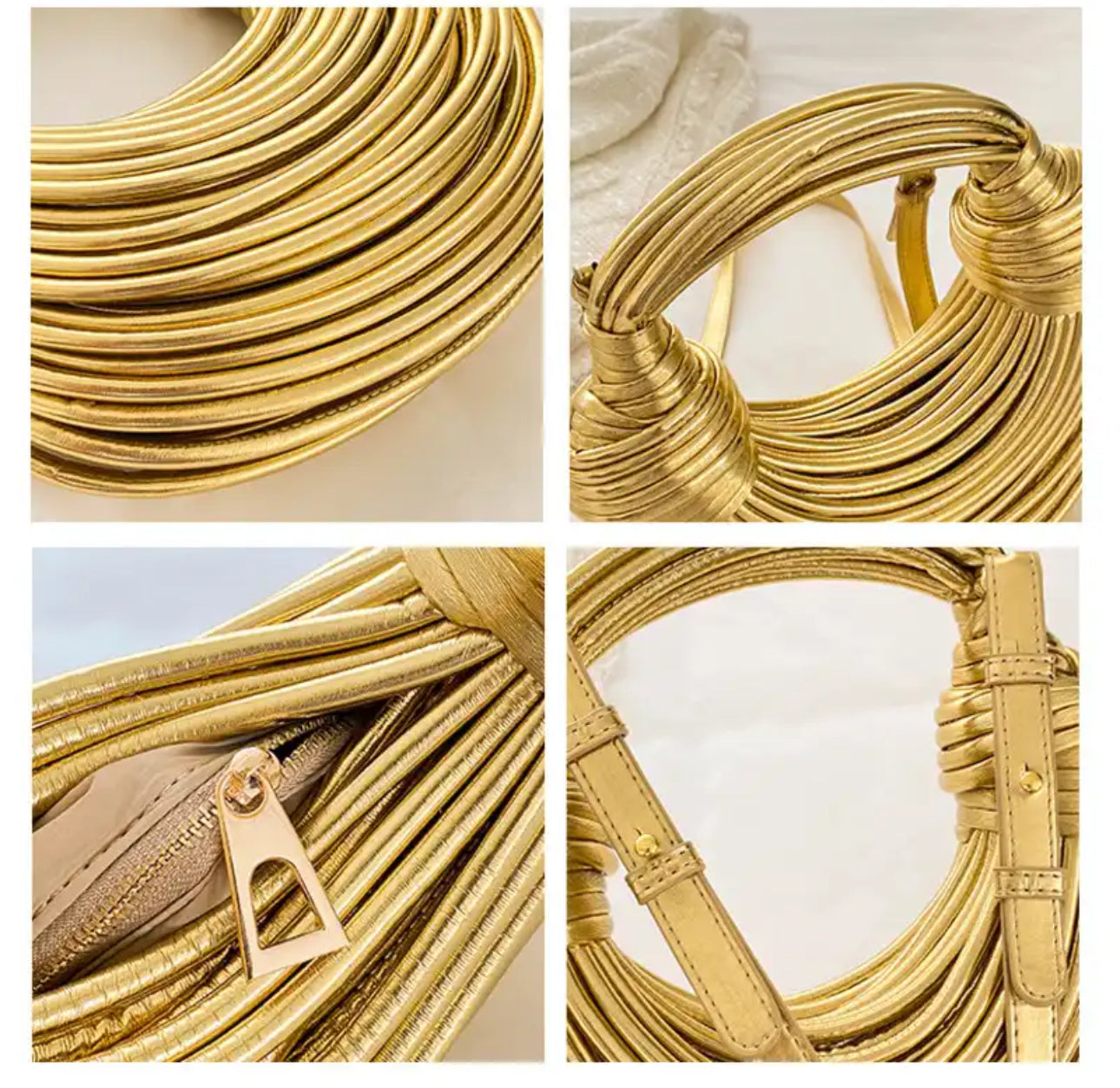 Gold Crossbody Noodle Roped Knotted Pulled Hobo Crescent Shaped Evening Clutch