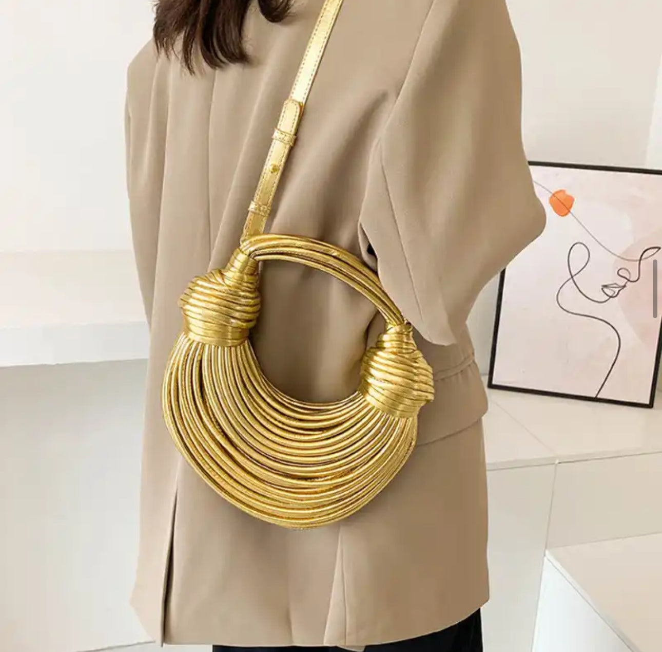 Gold Crossbody Noodle Roped Knotted Pulled Hobo Crescent Shaped Evening Clutch