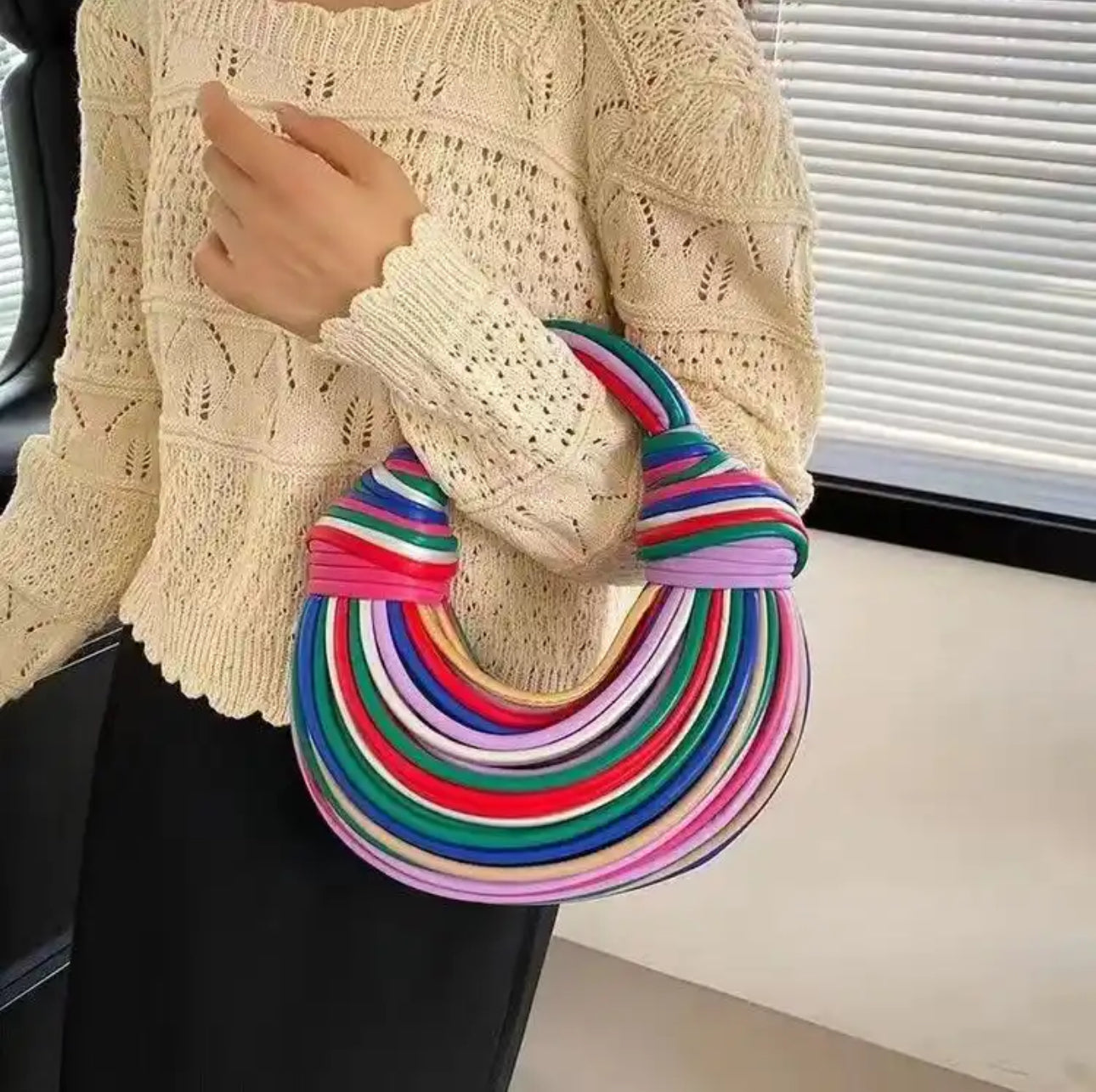 Multi-colored Crossbody Noodle Rope Knotted Pulled Hobo Crescent Shape Evening Clutch