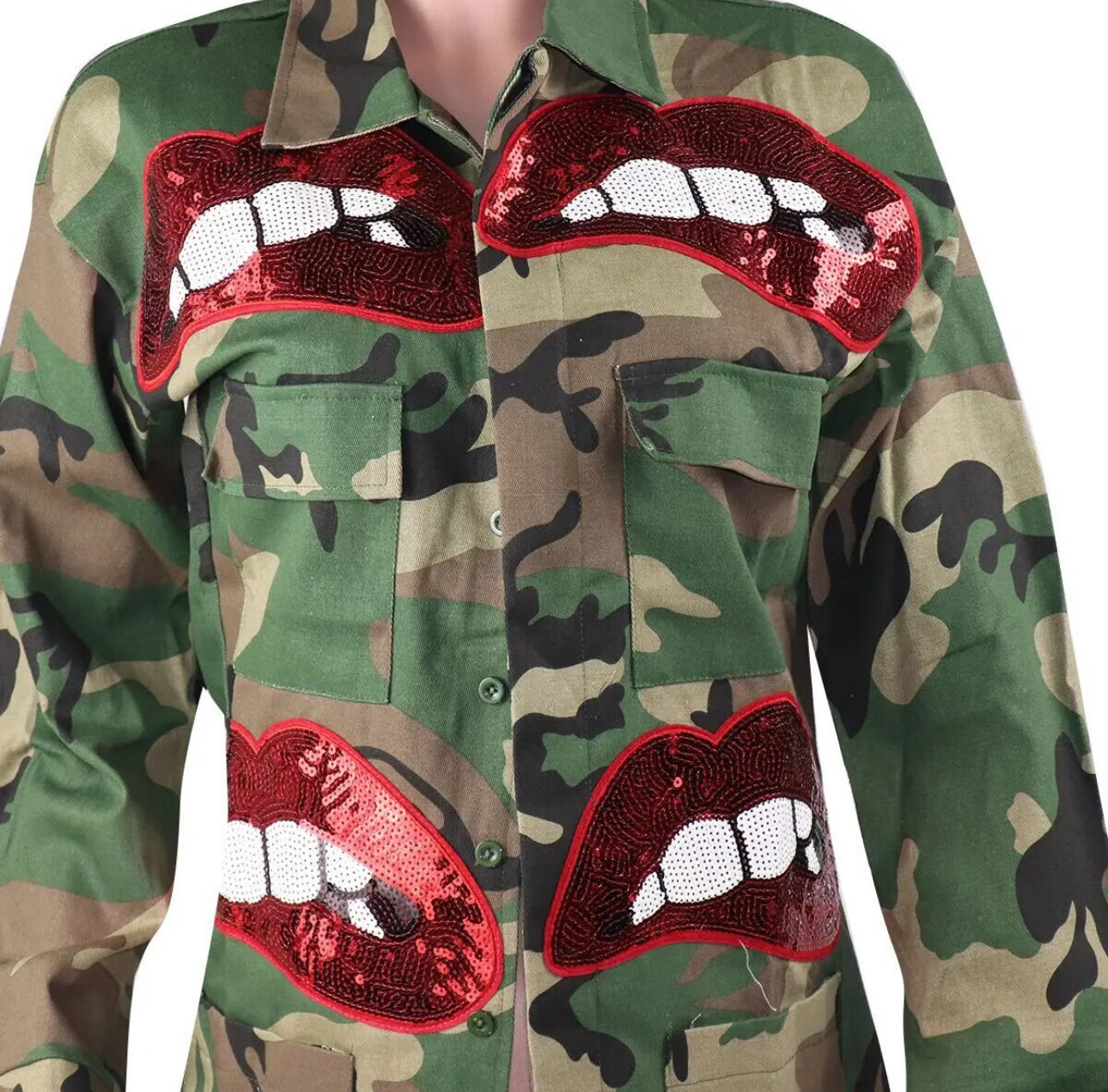 Long Sleeve Camouflage Jacket with Red Sequins Lips