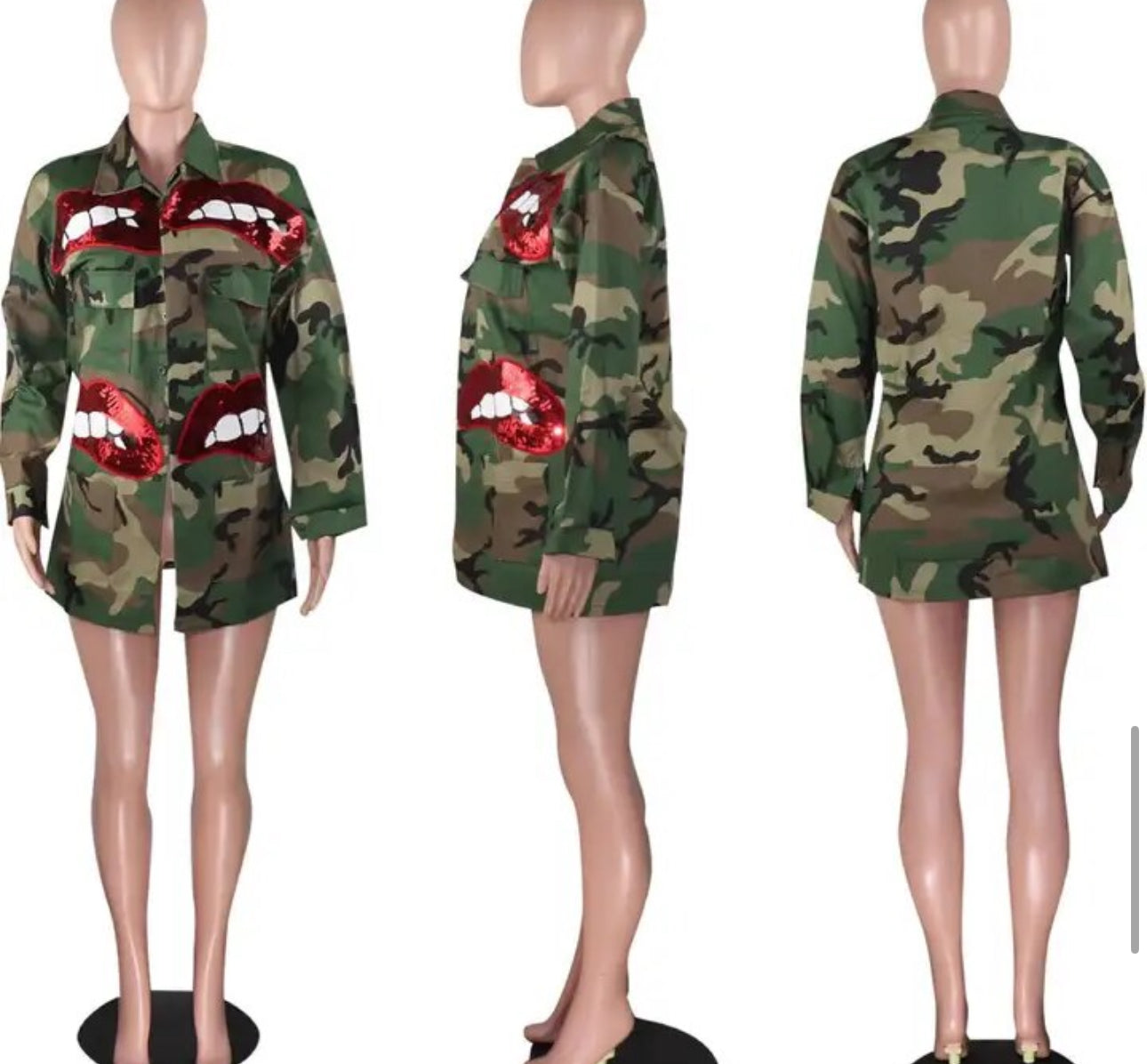 Long Sleeve Camouflage Jacket with Red Sequins Lips