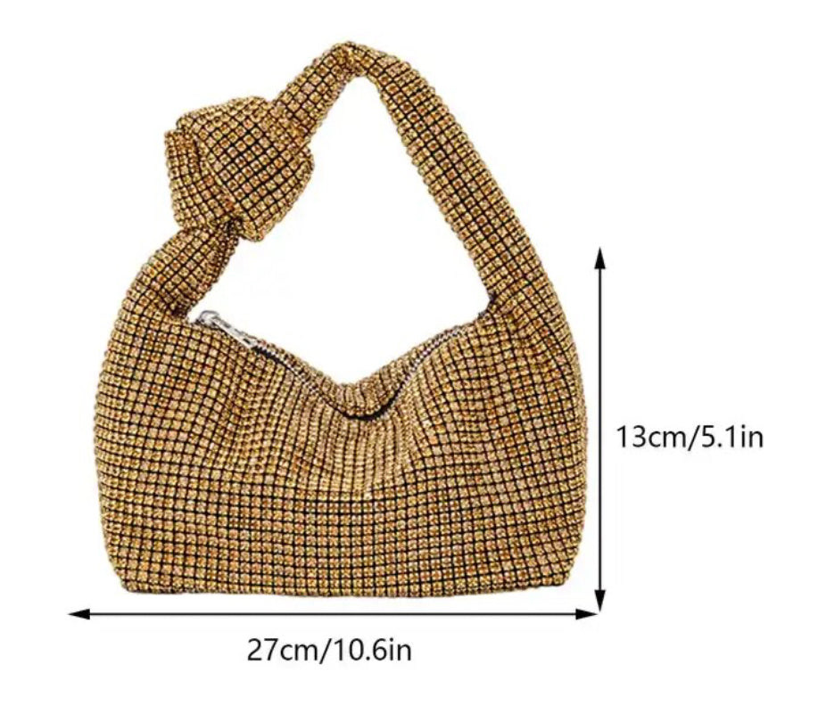 Gold Rhinestone Top Handle Knotted Hobo Styled Handbag