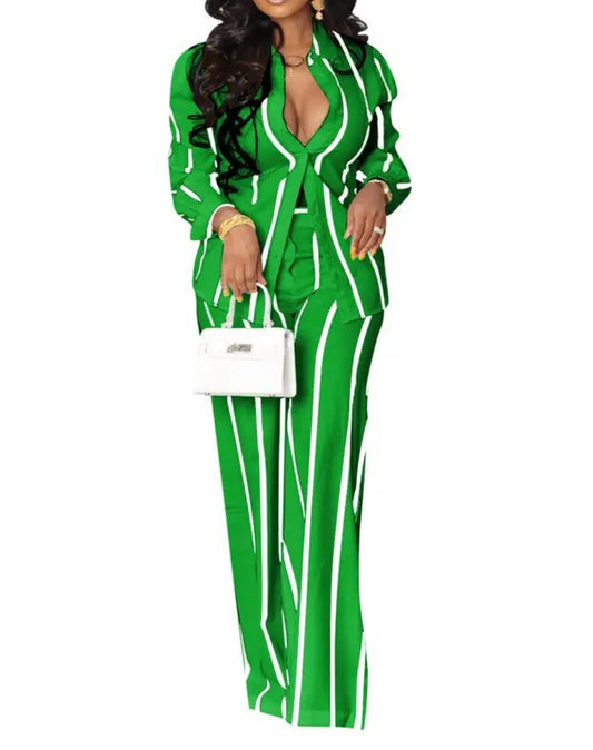 Long Sleeve Striped Wide Leg Matching Pant Set