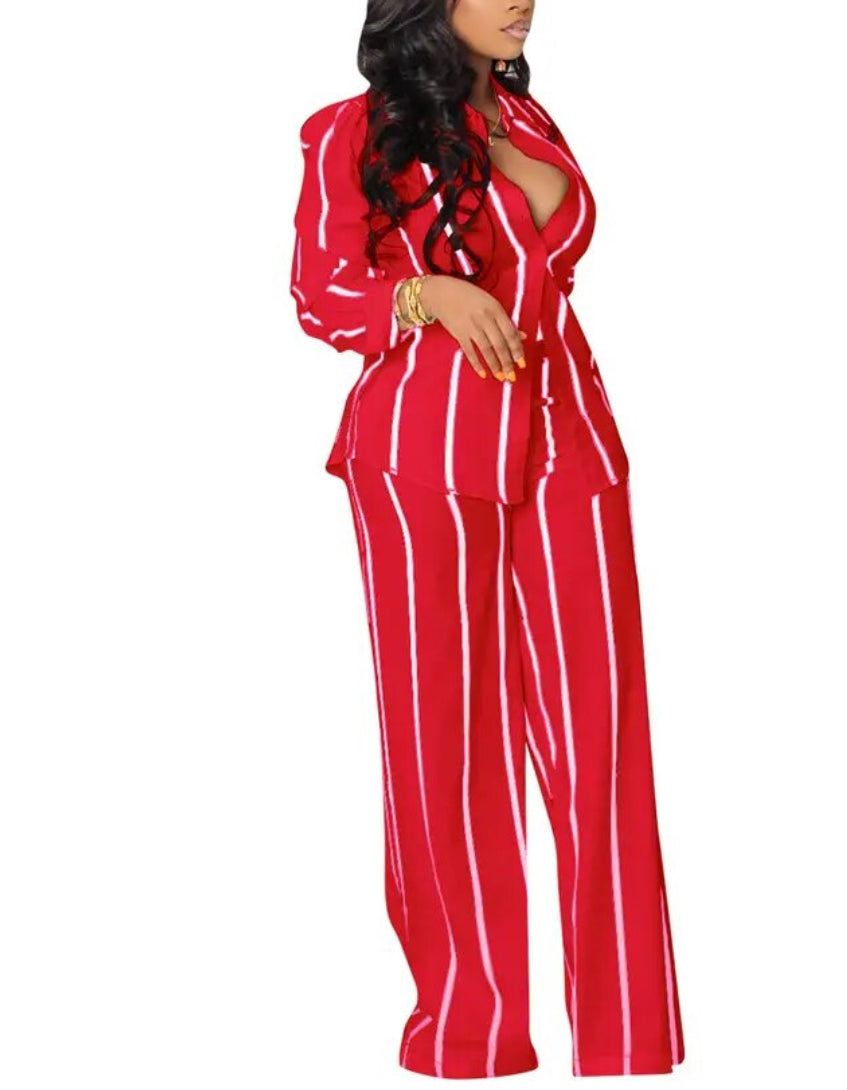 Long Sleeve Striped Wide Leg Matching Pant Set