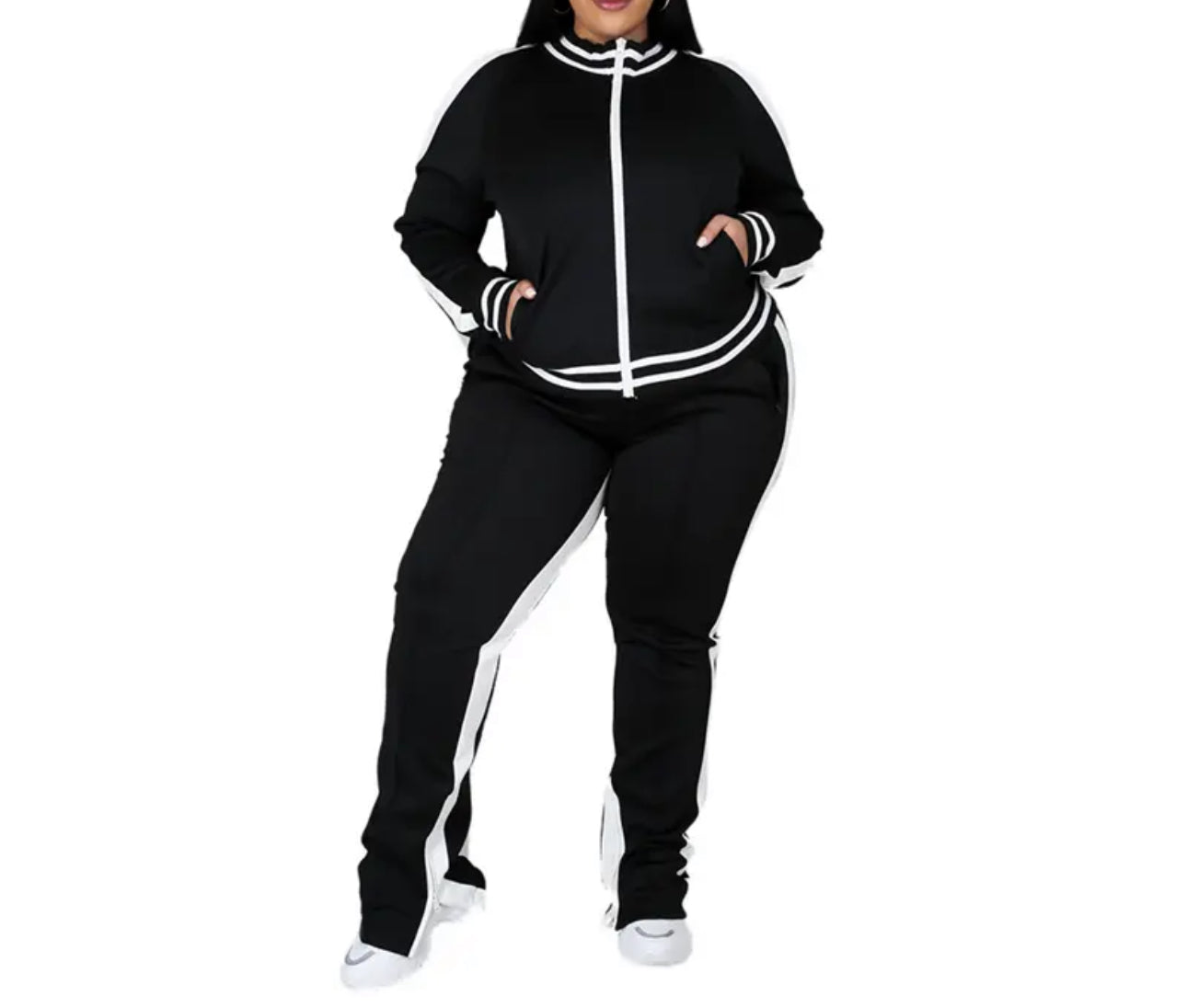 Plus Size Two Piece Cold Shoulder Striped Flared Tracksuit