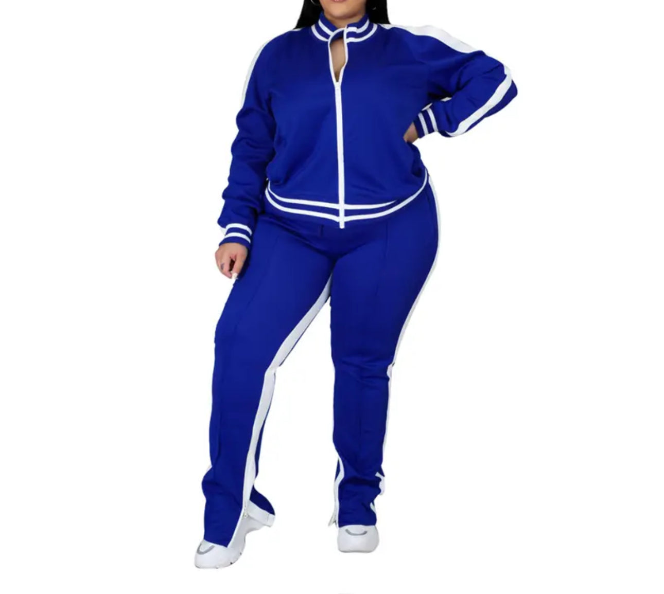 Plus Size Two Piece Cold Shoulder Striped Flared Tracksuit