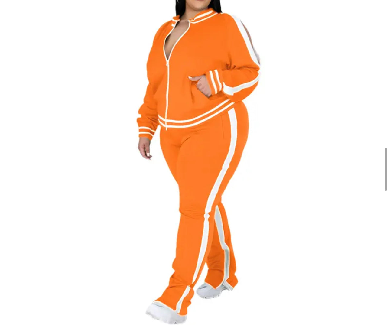 Plus Size Two Piece Cold Shoulder Striped Flared Tracksuit