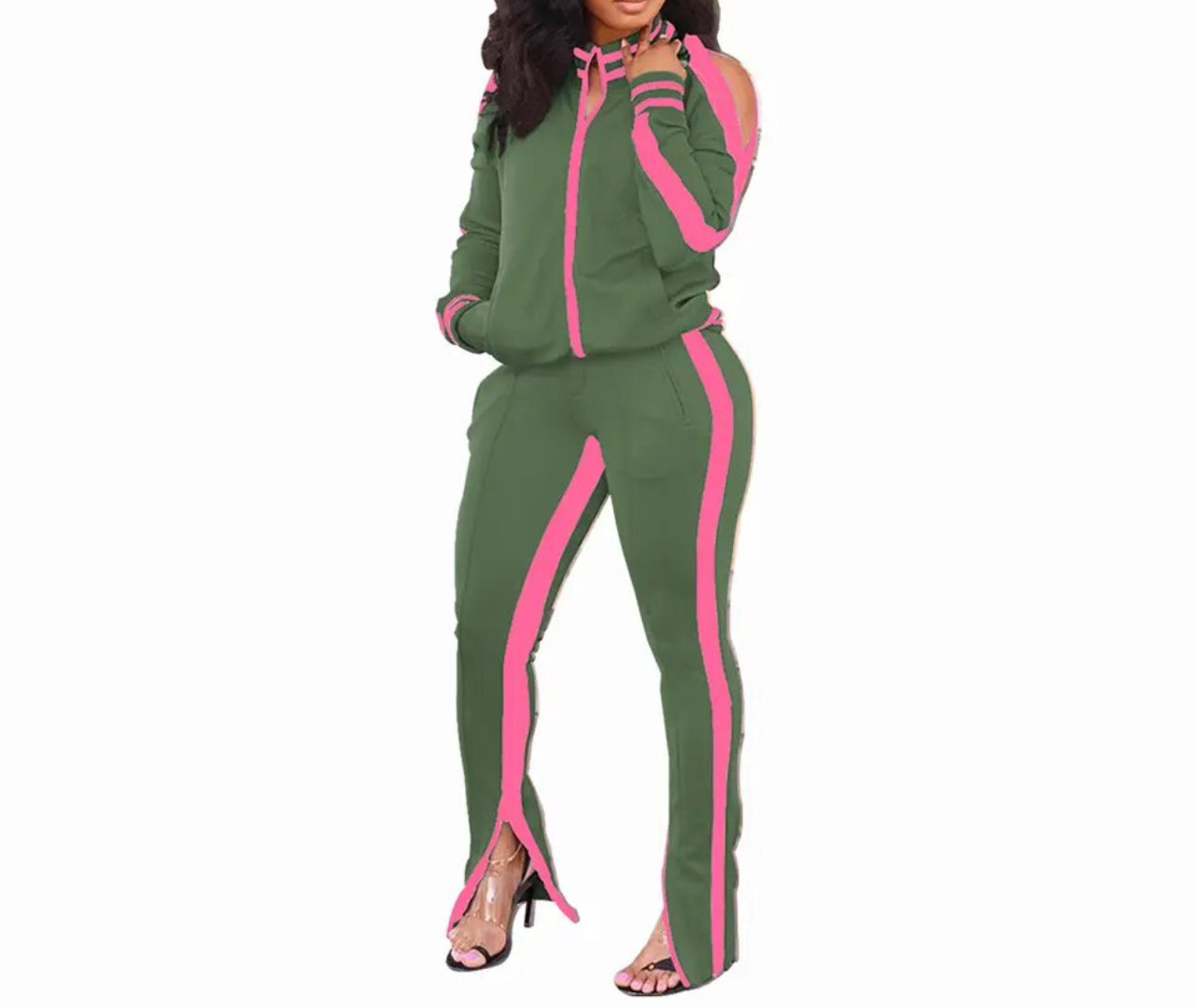 Two Piece Cold Shoulder Long Sleeve Striped Flared Tracksuit