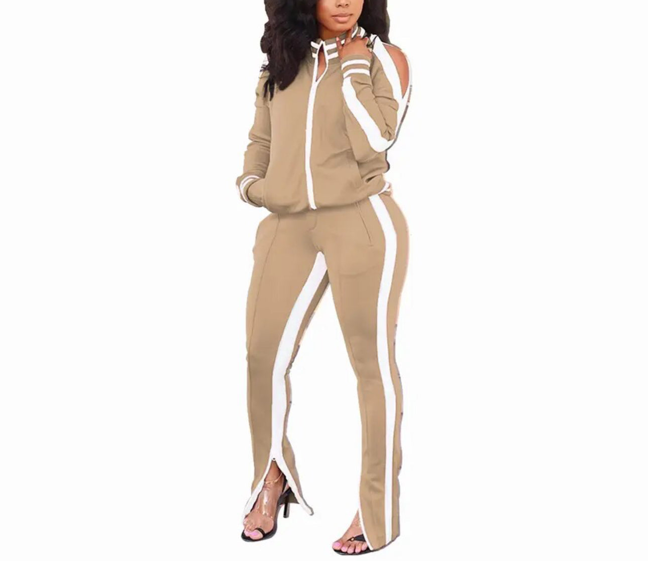 Two Piece Cold Shoulder Long Sleeve Striped Flared Tracksuit