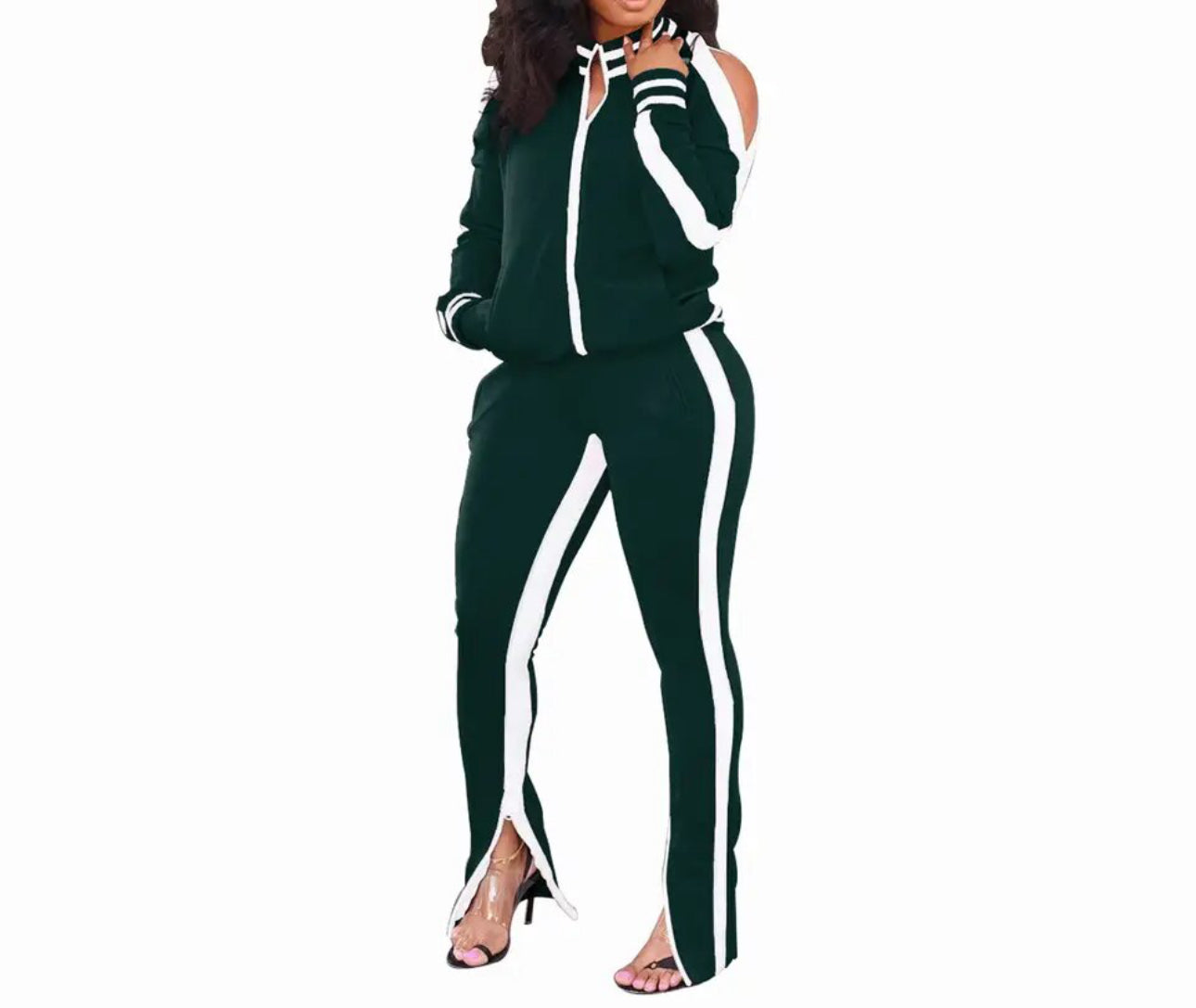 Two Piece Cold Shoulder Long Sleeve Striped Flared Tracksuit