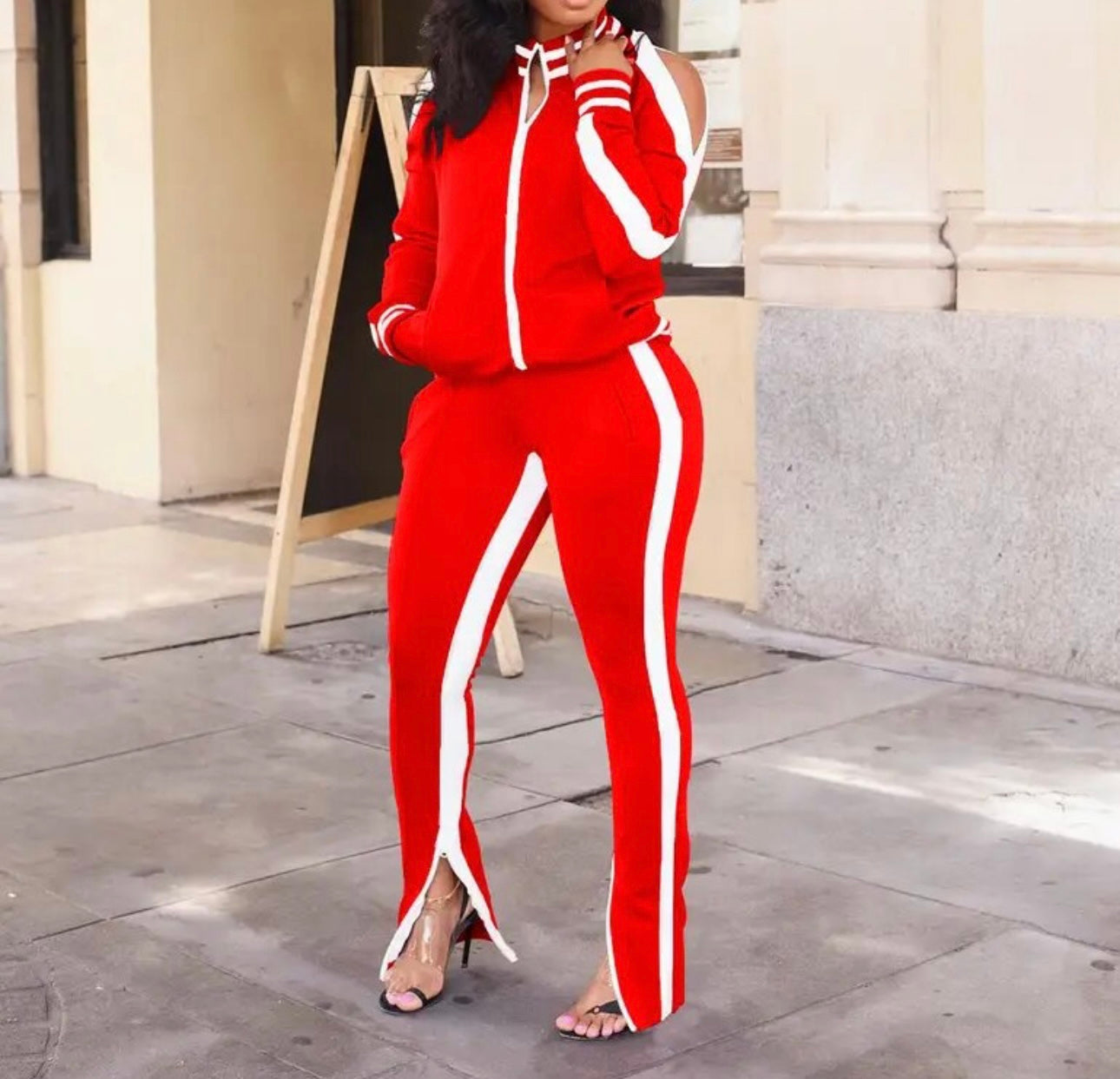 Two Piece Cold Shoulder Long Sleeve Striped Flared Tracksuit