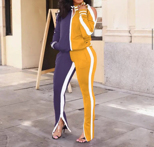 Two Piece Color Block Cold Shoulder Long Sleeve Tracksuit