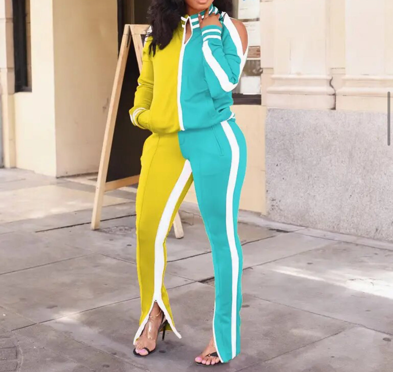 Two Piece Color Block Cold Shoulder Long Sleeve Tracksuit