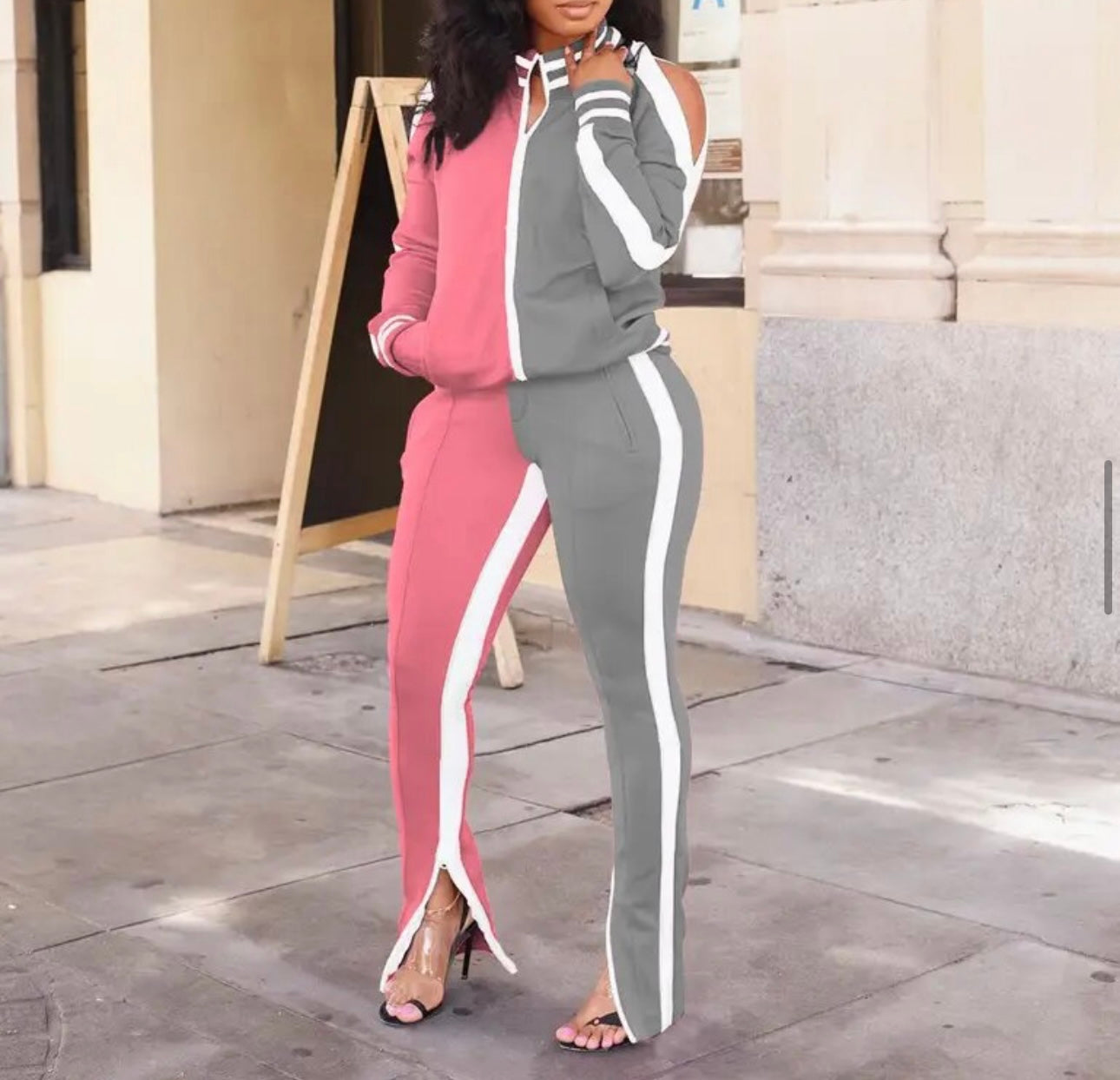 Two Piece Color Block Cold Shoulder Long Sleeve Tracksuit