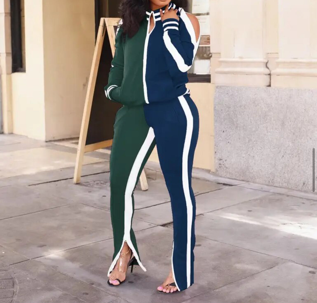 Two Piece Color Block Cold Shoulder Long Sleeve Tracksuit