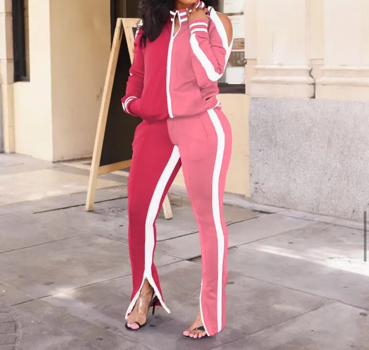 Two Piece Color Block Cold Shoulder Long Sleeve Tracksuit