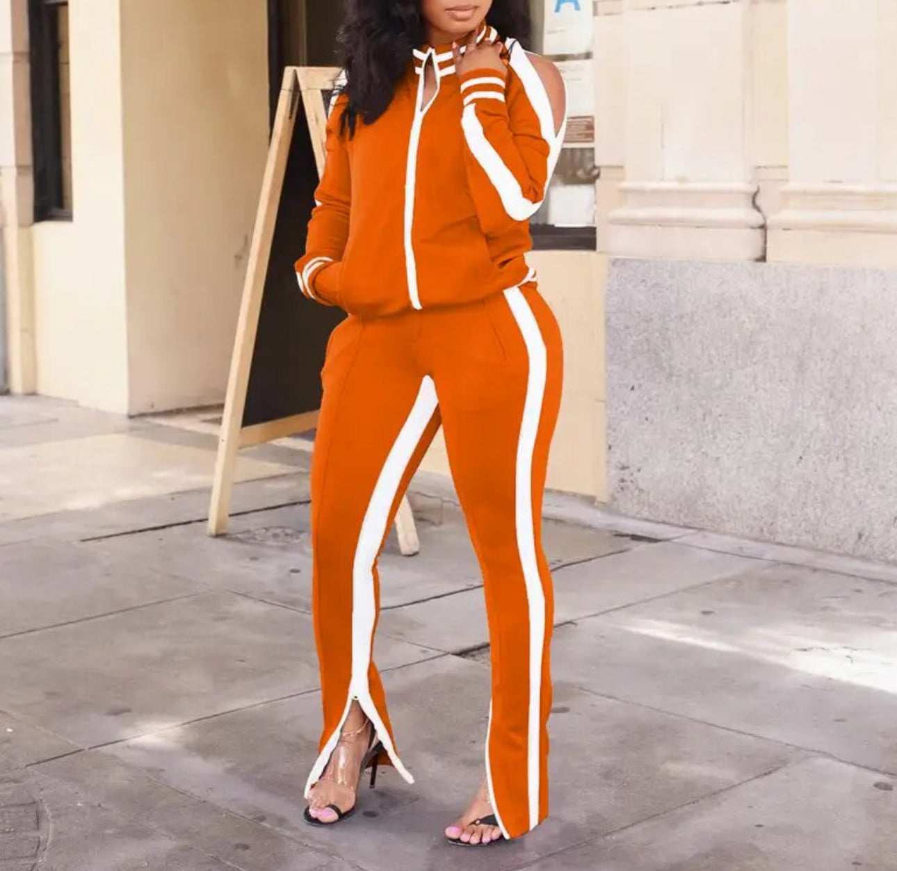 Two Piece Cold Shoulder Long Sleeve Striped Flared Tracksuit