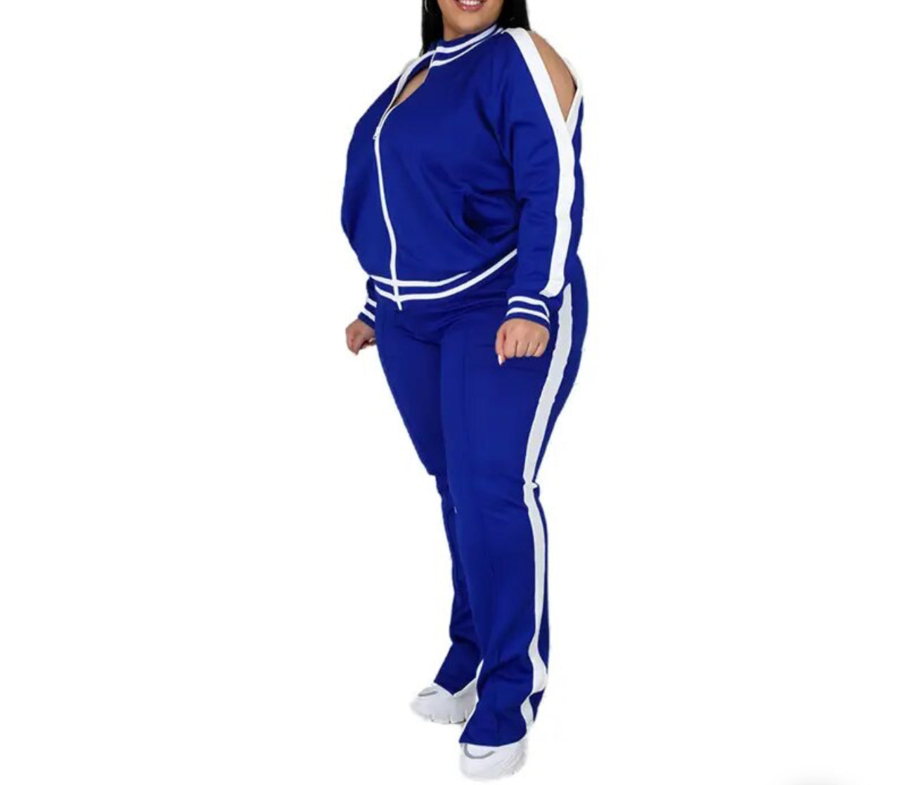 Plus Size Two Piece Cold Shoulder Striped Flared Tracksuit