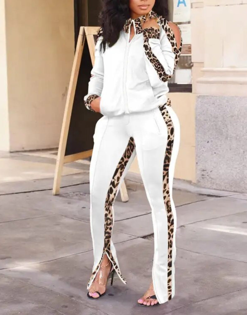 Two Piece Leopard Block Cold Shoulder Flared Tracksuit