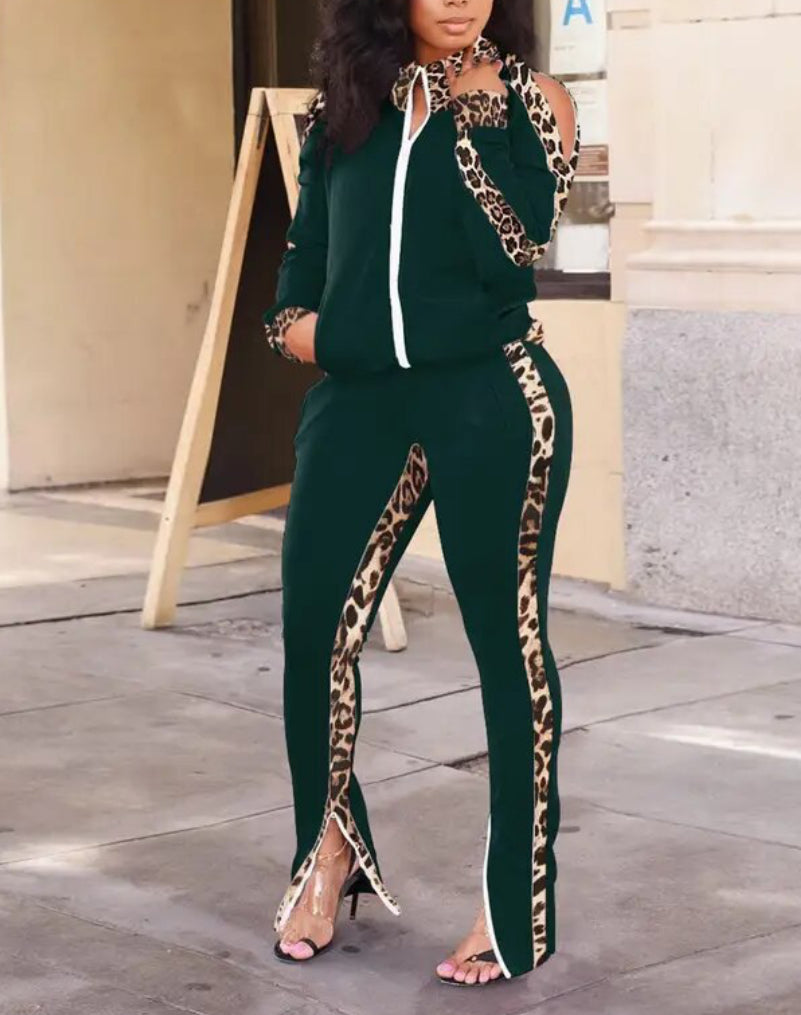 Two Piece Leopard Block Cold Shoulder Flared Tracksuit