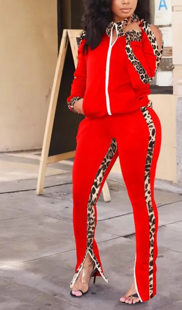 Two Piece Leopard Block Cold Shoulder Flared Tracksuit