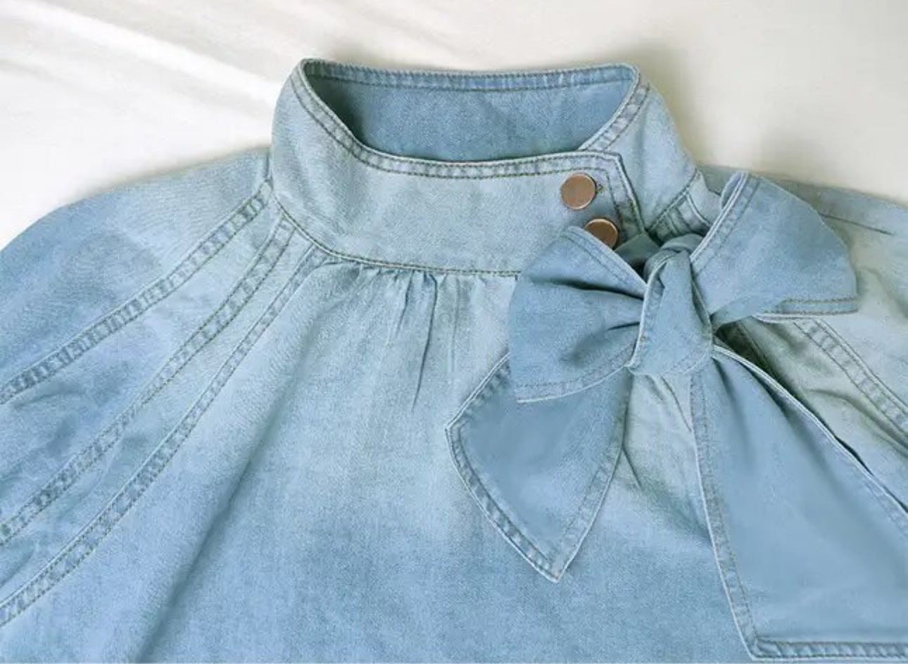 Denim Crew Neck Big Bowtie Peplum Sleeves Top