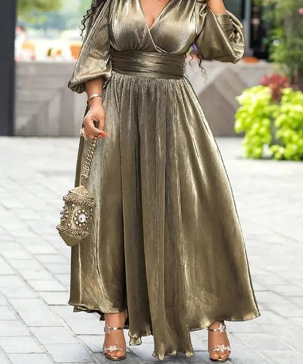 Metallic Shimmer V-Neck High Waist Ankle-Length Evening Dress